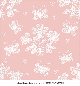 Embroidery hand drawn seamless pattern with  flowers and butterfly  white on pink