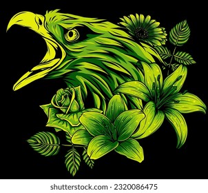 Embroidery head eagle and flower on black background