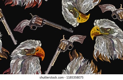 Embroidery head eagle and old guns seamless pattern Wild west template for clothes, textiles, t-shirt design. Classical embroidery hawk head