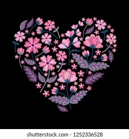 Embroidery heart pattern and beautiful pink flowers  Floral composition for Valentines day black background  Vector illustration 