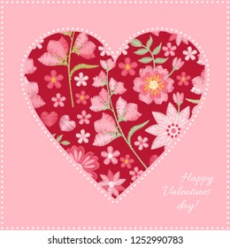 Embroidery heart pattern and beautiful pink flowers  Romantic card for Valentine day  Vector illustration 
