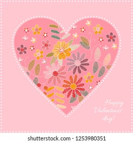 Embroidery heart pattern and summer  flowers  Beautiful card for Valentine day  Vector illustration 
