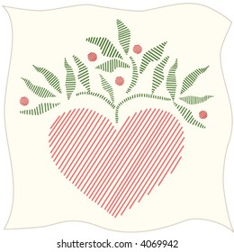 Embroidery.  Heart and vine stitchery folk art design symbolizing love and friendship. Red and green on white fabric. EPS8 compatible.