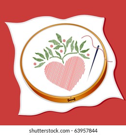 Embroidery.  Heart and vine stitchery folk art design symbolizing love and friendship. Red and green on white fabric, wood hoop, silver needle and thread, red background.   EPS8 compatible.