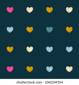 embroidery hearts seamless vector pattern. Love symbol with machine embroidered texture background, stitch effect Illustration. abstract graphic design. 