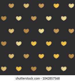 embroidery hearts seamless vector pattern. Yellow shade love symbols with machine embroidered texture on grey background, stitch effect Illustration gold heart abstract graphic design.