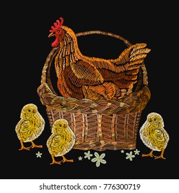 Embroidery hen and chickens in a basket. Classical embroidery beautiful yellow chickens and hen. Template for clothes, textiles, t-shirt design