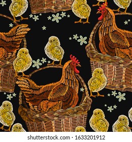 Embroidery hen and chickens in a basket, seamless pattern. Farm art. Template for clothes, textiles, t-shirt design