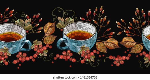 Embroidery herbal tea, red currant berries and autumn leaves horizontal seamless pattern. Fashion fall style. Template of clothes, tapestry, t-shirt design