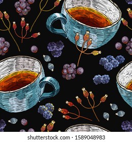 Embroidery. Herbal tea seamless pattern. Fashion autumn art. Template of clothes, tapestry, t-shirt design 