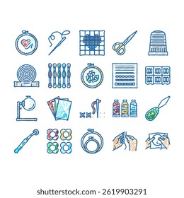 embroidery hobby fabric fashion doodle icons set vector. stitch sewing, needle thread, textile craft, decor art, cotton clothing, decoration embroidery hobby fabric fashion sketch hand drawn