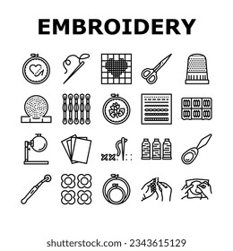 embroidery hobby fabric fashion icons set vector. stitch sewing, needle thread, textile craft, decor art, cotton clothing, decoration embroidery hobby fabric fashion black contour illustrations