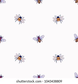 Embroidery honey bee insect patch. Fashion patches with summer wild nature illustration bees embroideries. Seamless pattern backdrop. Trendy traditional art with insects on white background.