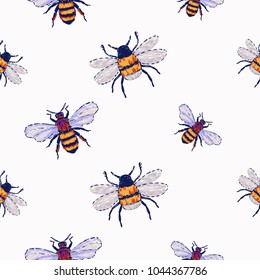 Embroidery honey bee insect patch. Fashion patches with summer wild nature illustration bees embroideries. Seamless pattern backdrop. Trendy traditional art with insects on white background.