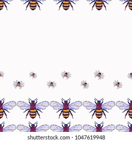 Embroidery honey bee insect patch. Fashion patches with summer wild nature illustration bees embroideries. Seamless pattern backdrop. Trendy traditional art with insects on white background.