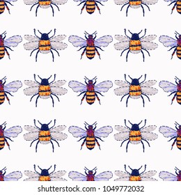 Embroidery honey bee insect patch. Fashion patches with summer wild nature illustration bees embroideries. Seamless pattern backdrop. Trendy traditional art with insects on white background.