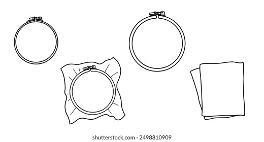 Embroidery Hoop with Canvas, Piece of Cloth or Fabric Vector illustration on a white background. Hand drawn outline Doodle Icon. Perfect for Manual stitching and Needlework Crafting and Sewing Hobby