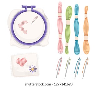 Embroidery hoop for cross-stitch sewing. Purple plastic hoop, stainless steel needle with colored threads. Handkerchief with heart and sun icon. Flat vector illustration isolated on white background.