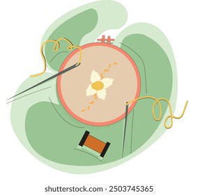 embroidery hoop with embroidered flowers, needle, and thread. 