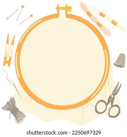Cúpula de bordado con canva vacía para texto de espacio libre. DIY items. Ilustración dibujada a mano por vectores. Conjunto de accesorios hechos a mano. Espacio libre para el texto.