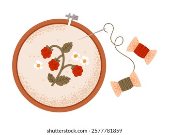 Embroidery hoop with a floral raspberry design, featuring thread. Handmade crafts and knitting hobbies. Flat vector illustration.