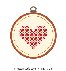 Embroidery hoop with heart isolated on white background. Art vector illustration.