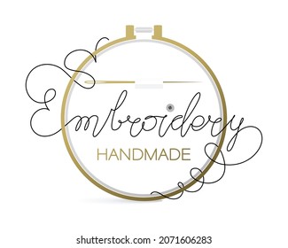 Embroidery hoop, needles. Embroidery. Handmade. Golden needle with thread on white background. Design of an emblem for a business card, a poster in a linear style. Vector illustration. 