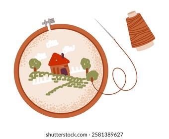 Embroidery hoop with a rural house and landscape. Cozy handcrafted art. Flat vector illustration.