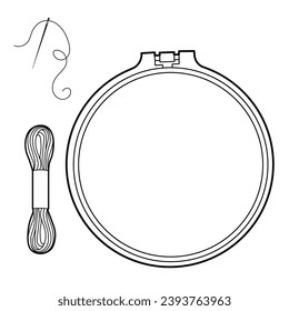 Stickereihoop mit Nähnadel und Gewinde. Einzige Umrissgrafik auf weißem Hintergrund.