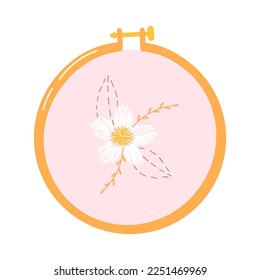 Embroidery hoop with stitched flower ornament. Vector hand drawn illustration. Isolated on white.
