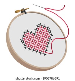 Embroidery hoops. Cross-stitch. Red with a gray heart, embroidered with a cross. Needle and thread. Cross-stitch and smooth embroidery. Vector illustration isolated on a white background for design an