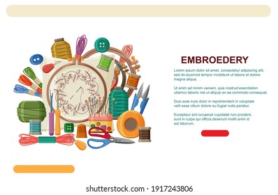 Embroidery hoops, threads and needles. Embroidery web banner template or landing page.