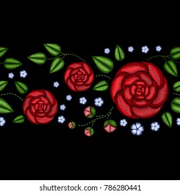 Embroidery horizontal colorful floral seamless pattern. traditional folk dog roses and forget me not flowers ornament on black background.