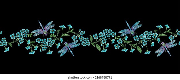 Embroidery horizontal seamless border with blue forget-me-not flowers and  dragonfliers on a black background.
Vector seamless embroidered template with flowers and insects for fashion design.
