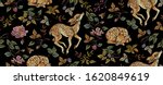 Embroidery horizontal seamless floral pattern with deers and roses. Vector traditional embroidered bouquet with flowers on black background for clothing design.