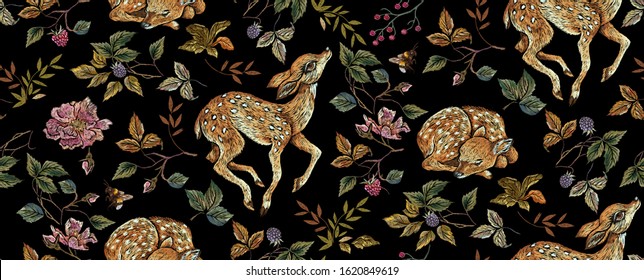 Embroidery horizontal seamless floral pattern with deers and roses. Vector traditional embroidered bouquet with flowers on black background for clothing design.