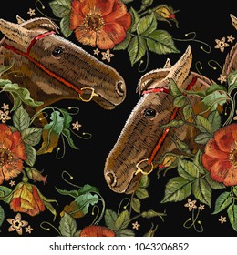 Embroidery horse head and wild roses flowers seamless pattern. Fashionable template tapestry flowers renaissance. Classic style embroidery, horse and beautiful dogrose pattern 