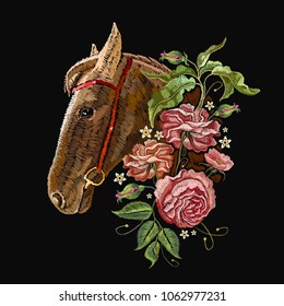 Embroidery horse head and wild roses, dogrose flowers. Classic style embroidery, horse and beautiful dogrose pattern vector. Fashionable template tapestry flowers renaissance 