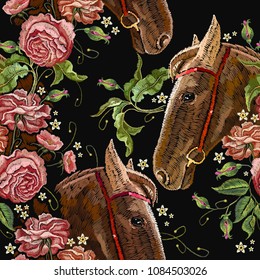 Embroidery horse head and wild roses seamless pattern, dogrose flowers. Fashionable template tapestry flowers renaissance. Classic style embroidery, horse and beautiful dogrose pattern 