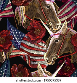 Embroidery horse heads, roses flowers and rippled American flag, seamless pattern. Fashion template for clothes, t-shirt design 