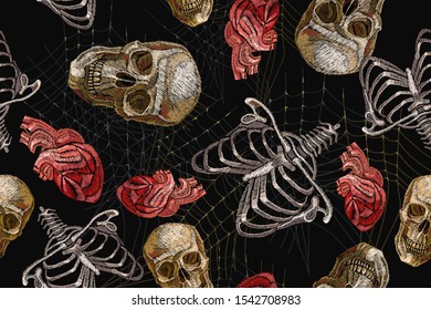 Embroidery human rib cage, anatomical heart and skull seamless pattern. Gothic art. Halloween background. Fashionable template for clothes 