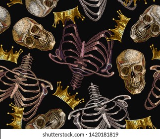 Embroidery human rib cage, golden crown and human skull seamless pattern. Gothic art. Template for clothes, t-shirt design 