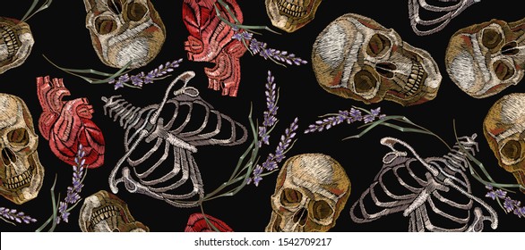 Embroidery human rib cage, lavender flowers, anatomical heart and skull horizontal seamless pattern. Halloween background. Gothic dark art. Fashionable template for clothes 