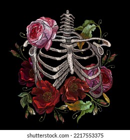 Embroidery human rib cage with red roses and poppies. Fashionable clothes, t-shirt design, beautiful flowers, renaissance style vector