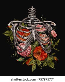 Embroidery human rib cage with red roses. Gothic embroidery skeleton ribs and flowers. Fashionable clothes, t-shirt design, beautiful flowers, renaissance style vector 