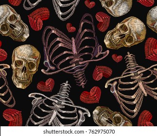 Embroidery Human Rib Cage, Red Heart And Human Skull Seamless Pattern. Gothic Love Art, Embroidery Skeleton Ribs And Skull. Fashionable Clothes, T-shirt Design 