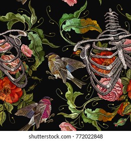 Embroidery human rib cage with red roses and birds seamless pattern. Gothic embroidery skeleton ribs and flowers. Fashionable clothes, t-shirt design, beautiful flowers and, renaissance pattern 