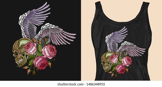 Embroidery human skull, angel wings and roses. Trendy apparel design. Template for fashionable clothes, textile, modern print for t-shirts