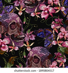 Embroidery human skull, butterflies and pink orchid flowers. Tropical seamless pattern. Medieval style. Fashion clothes template and t-shirt design. Dark gothic art 