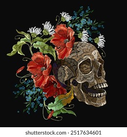 Bordado crânio humano, camomila e flores de papoulas vermelhas. Moda arte gótica. Modelo medieval para roupas, têxteis, design de t-shirt